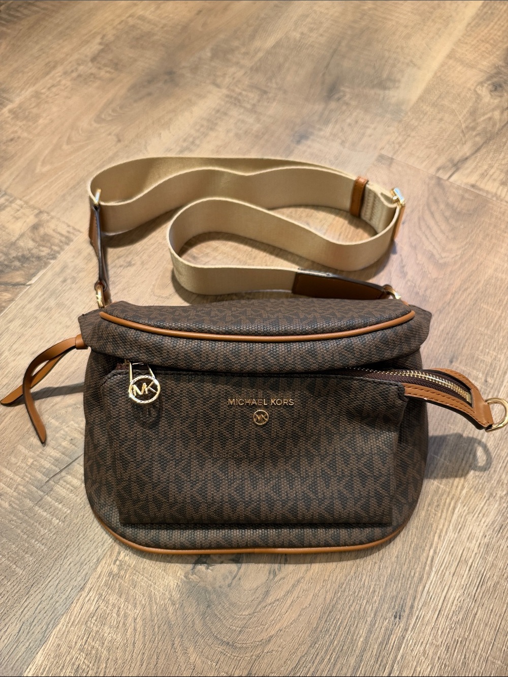 Michael Kors Brown MK Signature Belt Bag with Beige Strap
